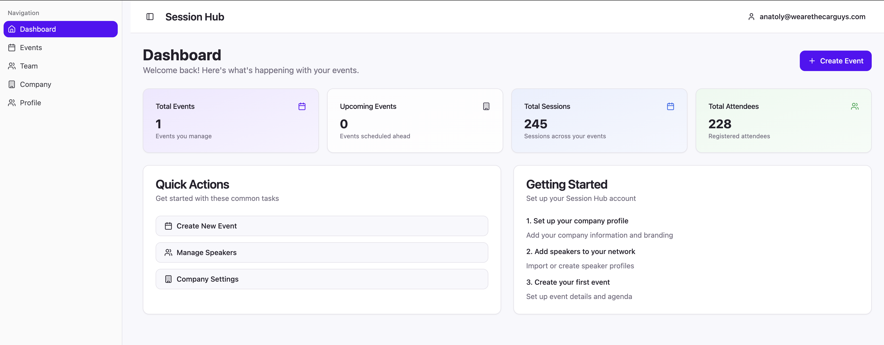 SessionHub Dashboard Interface